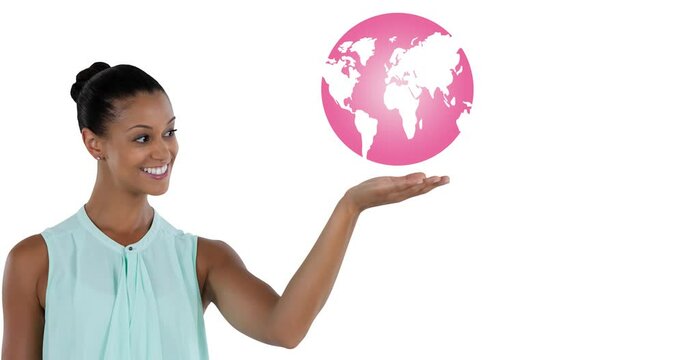 Animation of pink globe logo t over young woman