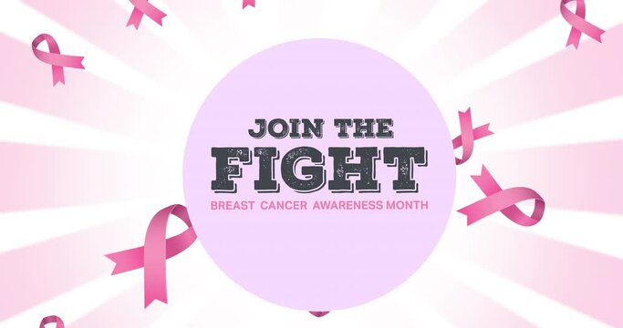 Animation of multiple pink ribbon logo over breast cancer text on white background