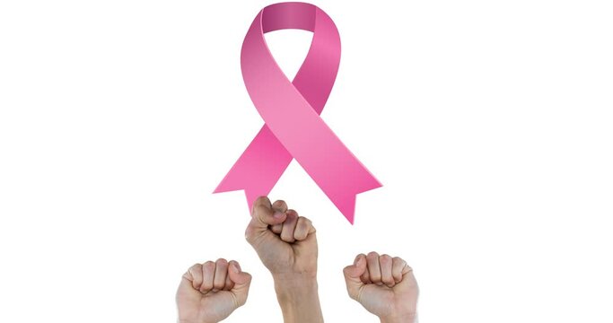 Animation of pink ribbon logo over raised fists
