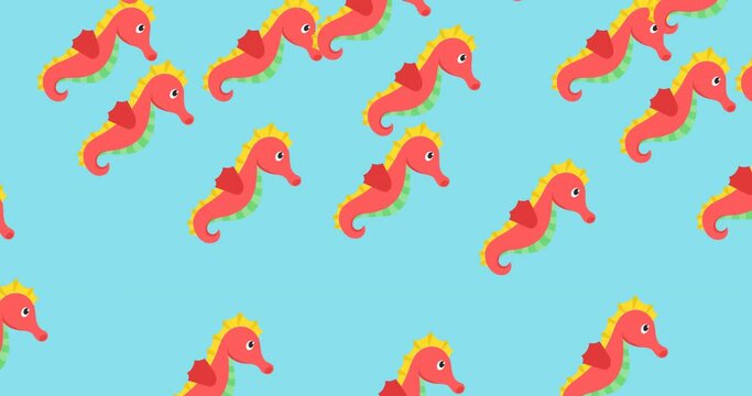 Animation of rows of red seahorses on blue background