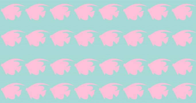 Animation of rows of pink fish with copy space on blue background