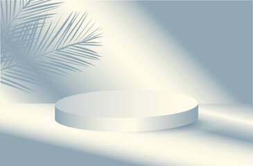 Blue 3d vector stage background for products. Cylinder podium mockup display with sun light and leaves shadows.