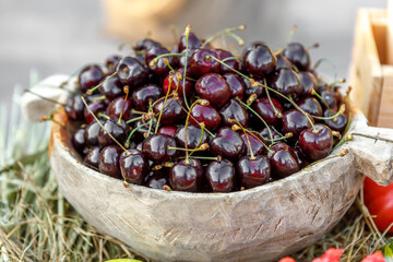 Ripe cherries are lying in a wooden cup on the table.