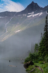 Avalanche Lake in Glacier National Park with heavy morning mist