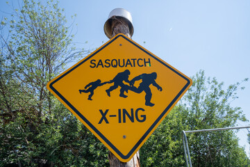 Funny sign for a Sasquatch bigfoot crossing on a sunny day - obrazy, fototapety, plakaty