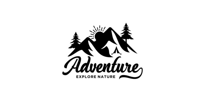 Mountain, adventure, cypress and Sun logo design inspiration for Adventure Traveling