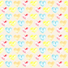Illustration of a watercolor drawing seamless pattern of shapes of hearts on the background. Silhouettes of shapes of hearts on the background.