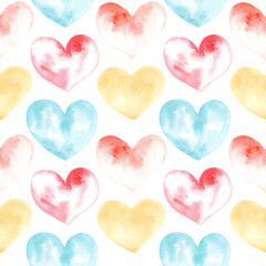 Illustration of a watercolor drawing seamless pattern of shapes of hearts on the background. Silhouettes of shapes of hearts on the background.