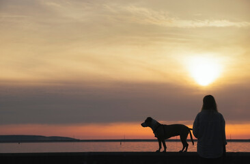 Fototapeta na wymiar Silhouette of a woman with dog enjoying sunset at the bay area