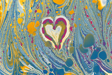 Ebru  marbling  background with heart shape. Unique art  Liquid