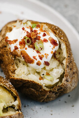 Closeup of baked potato with sour cream and bacon