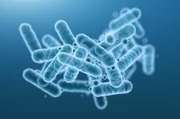 Close-up of 3d rendering microscopic blue bacteria.