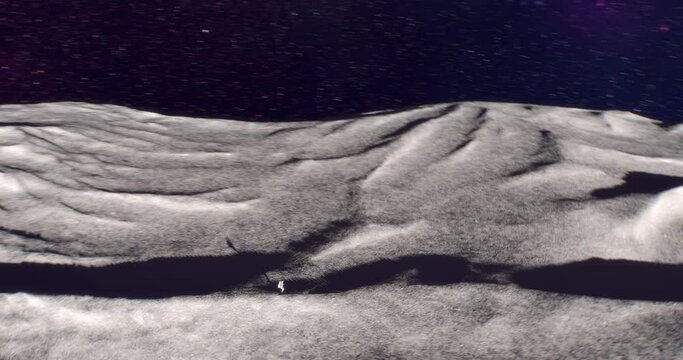 An astronaut in space suit jumping on Moon surface to an edge of a crater watching Earth planet half night side with electrical light of North America continent and other day side lit with Sun, Milki 