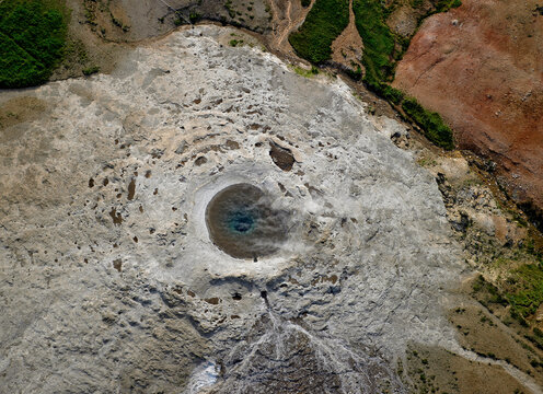 Aerial shot of the famous but dormant Great Geysir in Iceland