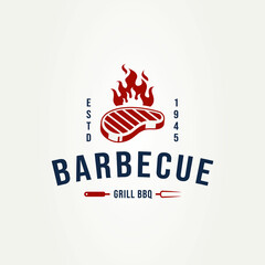 vintage barbecue steak logo with fork and burnt meat badge logo template vector illustration design. classic retro butcher, steak house and restaurant emblem logo concept