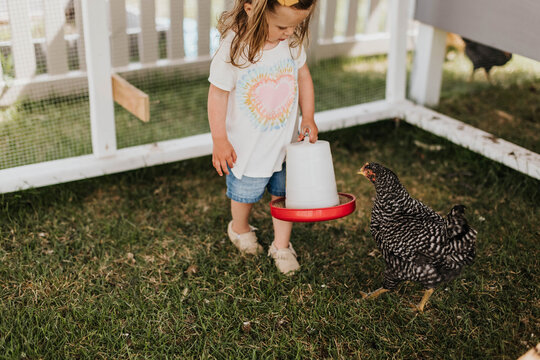 Young girl holds chicken feeder in chicken coop as she does chores