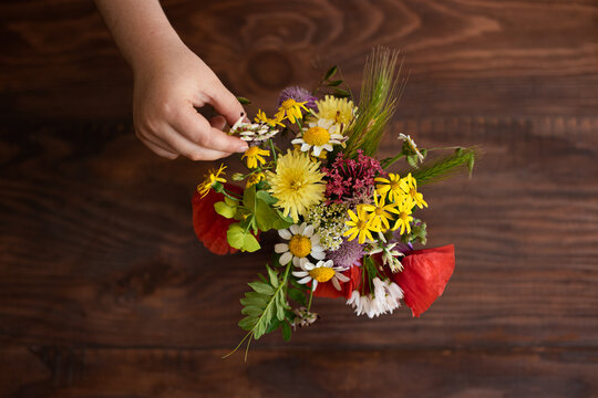 Overhead view of little hand placing summer wild flowers in vase