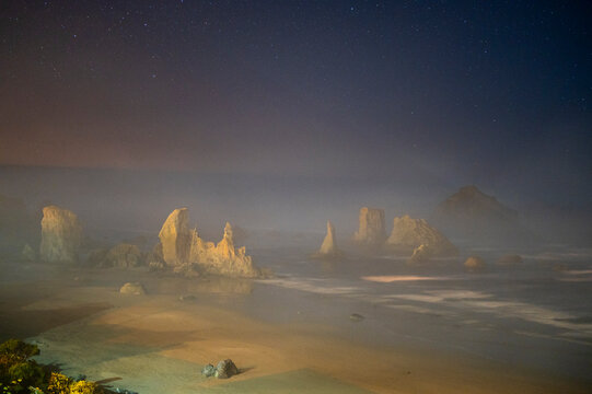 Sea Stacks On The Southern Oregon Coast Lit Up At Night