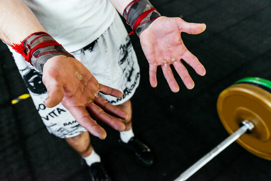 Athlete man's hands after intense training