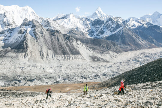 Climbers acclimatize in the Everest Region, Island Peak in the back