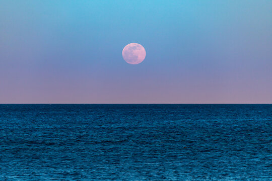Super pink flower moon rising above the ocean horizon.