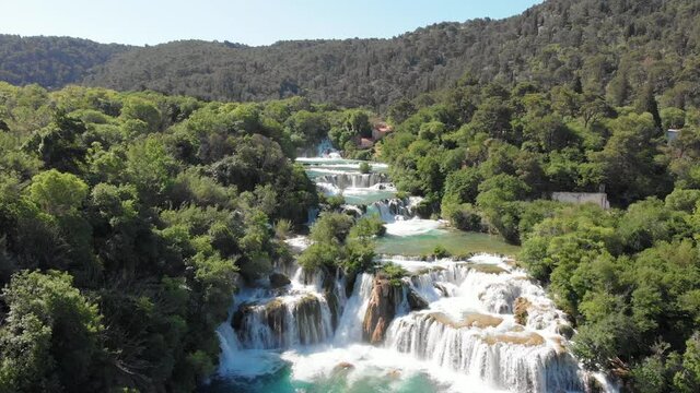 Aerial of the famous staircase waterfalls at the beautiful Krka Nation
