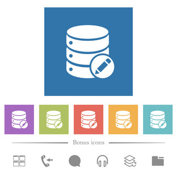 Database edit flat white icons in square backgrounds