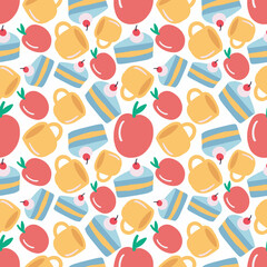 colorful seamless vector pattern with food and cup