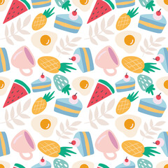 colorful seamless vector pattern with food and cup