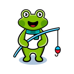 cartoon animal cute frog holding a fishing rod