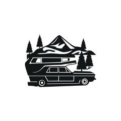 Vintage Retro Mountain Car pine logo design, camping summer day logo design
