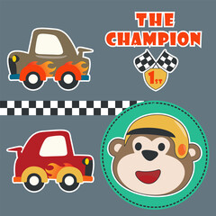 vector illustration of Little monkey racer, vector cartoon, Creative vector childish background for fabric, textile, nursery wallpaper, poster, card, brochure. and other decoration.