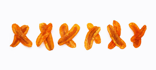 Spicy snack, Banana slice chips paprika flavor on white background.