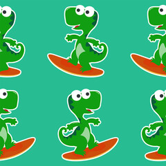 Surfing time with cute little dinosaurs at summer. Seamless pattern texture for fabric textile, nursery, baby clothes, background, textile, wrapping paper and other decoration.