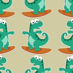 Naklejka premium Surfing time with cute little dinosaurs at summer. Seamless pattern texture for fabric textile, nursery, baby clothes, background, textile, wrapping paper and other decoration.