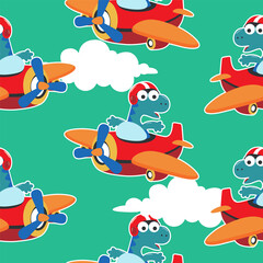 Seamless pattern texture with Cute dinosaurs flying in airplane, For fabric textile, nursery, baby clothes, background, textile, wrapping paper and other decoration.