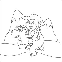 Obraz premium Vector illustration of happy cute bear riding cute dinosaurs. Childish design for kids activity colouring book or page.