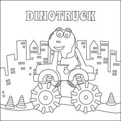 Vector illustration of monster truck with cartoon cute dinosaurs. Childish design for kids activity colouring book or page. © Hijaznahwani