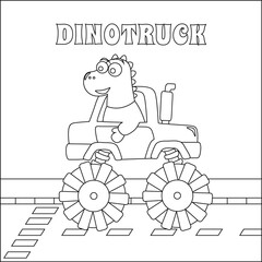 Vector illustration of monster truck with cartoon cute dinosaurs. Childish design for kids activity colouring book or page. © Hijaznahwani