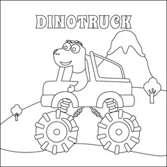 Vector illustration of monster truck with cartoon cute dinosaurs. Childish design for kids activity colouring book or page. © Hijaznahwani