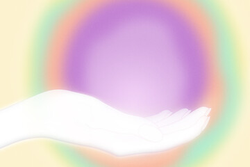 Pastel retro, purple, green, orange healing energy field in hand, gratitude - grainy, high resolution gradient background
