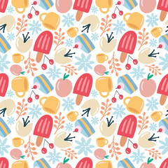 colorful seamless vector pattern with dessert food and cup