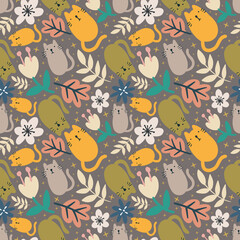 outline sketch of cat animals and leaf