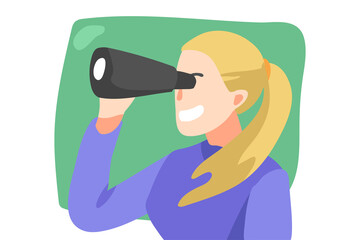 illustration of blonde hair female using binocular. isolated on a green background. concept of travel. flat vector