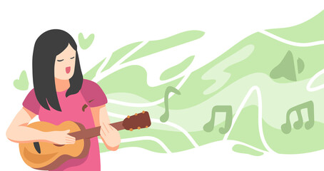 illustration of girl playing guitar. isolated on a green background with musical notes icon, sound. suitable for the theme of art, education, hobbies, singers etc.