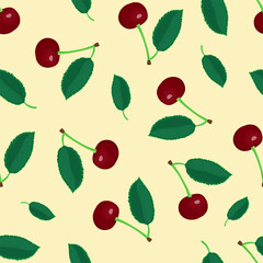 Bright juicy cherry with leaf seamless vector pattern