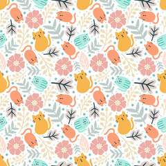 colorful seamless vector pattern with cute animals and leaf