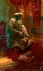 Naklejka na ściany i meble zombie chef cooking , sits on the floor, smiles and holds a knife in his hand