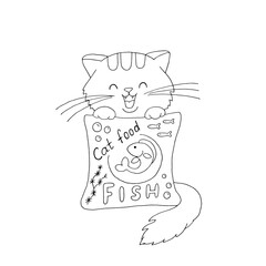 Satisfied cat with a pack of fish-flavored cat food. Pet. Pet Shop. Tasty food. Vector. Doodle. Hand-drawn illustration. Silhouette. Black and white outline. Coloring.