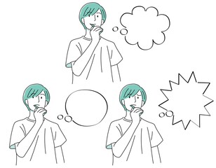 男の子04（手描き・上半身・半袖・何かを考えながら歯磨きをする人セット・吹き出し）